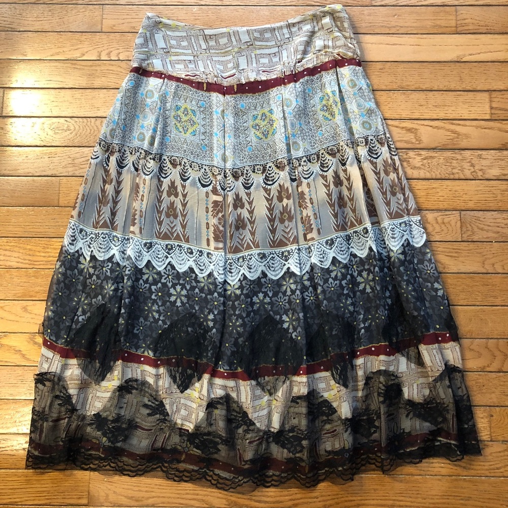 Geoffrey Beene Sport Womens Boho Silk Midi Skirt Black Lace & Multicolored Sz 8